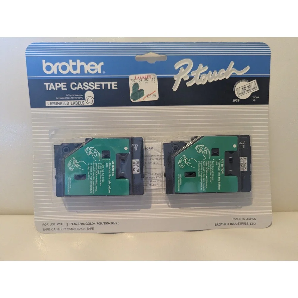 NOS Brother P-Touch TC 10 Black On Clear Tape Cassette 2 Pack 12mm 1/2